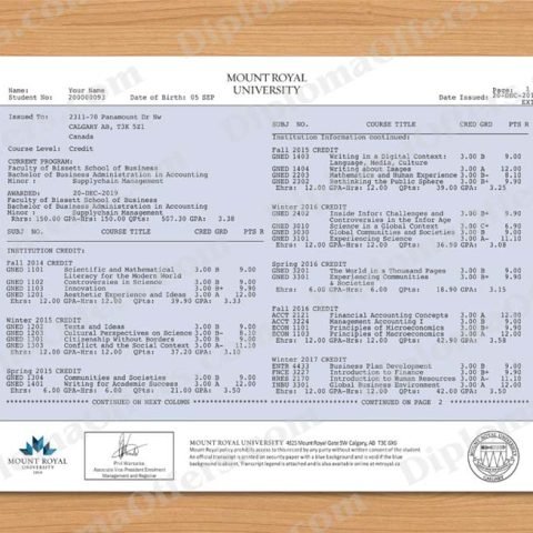 Canada College/University Transcript