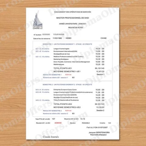 Europe College/University Transcript