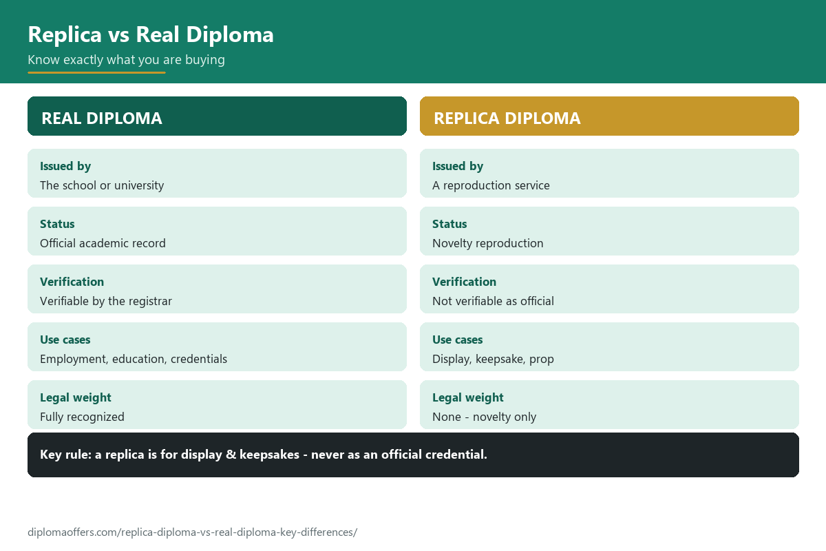 Comparison table of replica diploma vs real diploma differences