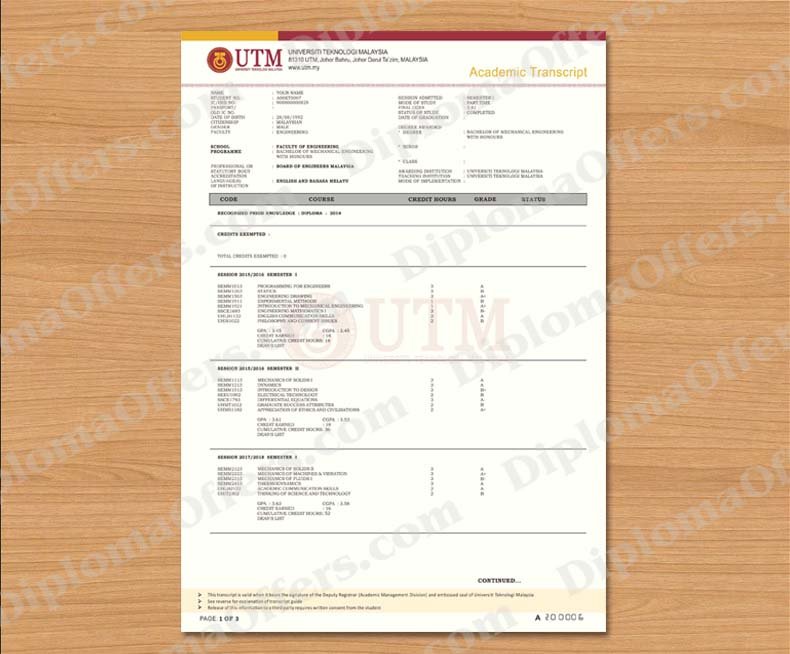 Malaysia College/University Transcript